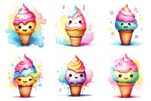 A Set Of Six Cartoon Ice Cream Cones With Different Toppings, Watercolor Clipart On White Background.