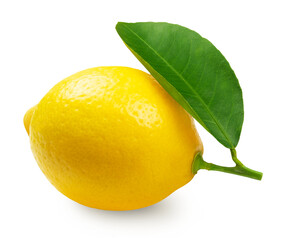 Wall Mural - Lemon isolated. Fresh lemon with green leaf on transparent background.