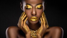 Portrait Closeup Beauty African Woman Face In Gold Paint. Golden Shiny Skin. Fashion Model Girl Posing.