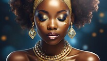 Portrait Closeup Beauty African Woman Face In Gold Paint. Golden Shiny Skin. Fashion Model Girl Posing.