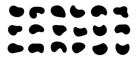 Poster - Set of Organic amoeba blob shape. Spot irregular form pebble, stone. Random black drops, inkblot, paint, liquid black blotch. Abstract simple shapes silhouettes.  Vector 