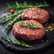 Raw beef hamburger patties with herbs and spices on dark slate plate