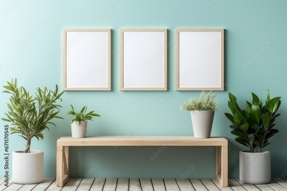 Interior poster mock up with three vertical empty wooden frames, baby ...