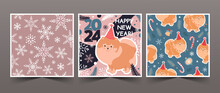 Set Of Happy New Year 2024 Cards And Seamless Patterns With Cute Dogs, Text, And Winter Elements. Vector Flat Illustration In Trendy Colors.