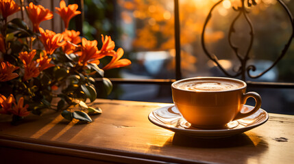 Canvas Print - Cup of coffee sitting on top of wooden table.