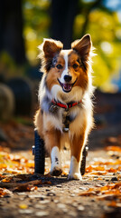 Poster - Brown and white dog riding bike in the leaves.