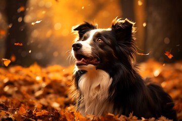 Canvas Print - Black and white dog sitting in pile of leaves.