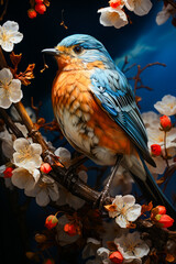 Wall Mural - Bird sitting on branch of tree with white flowers.