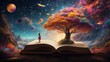 Girl standing on a giant book accompanied by a super striking and conceptual tree. Generated by AI.