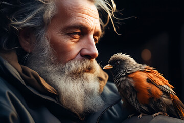 Wall Mural - Man with beard and bird on his arm.