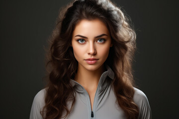 Woman with long hair and gray shirt on black background.