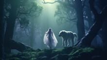 Wild Girl With Her Wolf Standing In The Forest, Digital Art Style, Illustration. Generative AI