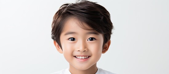 Sticker - A depiction of a joyful Asian boy with a smiling expression portrayed in a photograph against a white backdrop