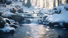 A Stream Of Water Running Through A Snow Covered Forest Filled With Lots Of Rocks And Snow Covered Rocks On Both Sides Of The Stream, Surrounded By Snow Covered Rocks And Trees.  Generative Ai