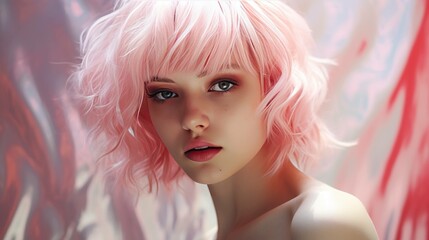 Wall Mural - Beautiful female model with pink hair.