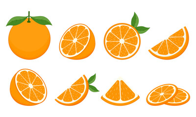 Wall Mural - set of fresh oranges. orange fruit isolated on white background. vector illustration for design and 
