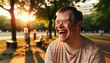A happy dude with down syndrome grinning at a bunch of kiddos, spreading joy and love all around!