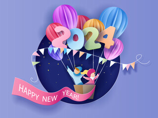 Wall Mural - 2024 New Year design card with kids in basket of air balloons flying