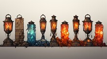  A Row Of Old Fashioned Street Lamps Sitting Next To Each Other On Top Of A Pile Of Rubble Next To A Fire Hydrant With A Brick Wall In The Background.  Generative Ai