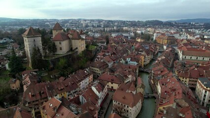 Poster - France travel and landmarks. Romantic beautiful old town of Annecy aerial drone view with medieval castle. Haute-Savoi region
4k HD video