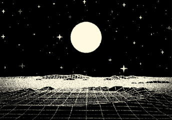 Poster - Retro dotwork landscape with 80s styled sun, grid mountains and stars background from old sci-fi book or poster.