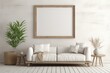 © Werckmeister - 3D illustration mockup photo frame on the wall over sofa in living room, decorated with houseplant and sunlight from window, rendering