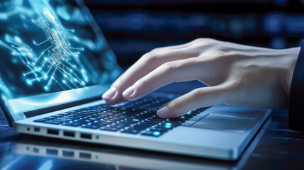 Poster - Robot hand typing on laptop keyboard on dark blue background