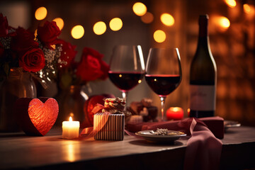 Wall Mural - Romantic dinner table with red wine, box of chocolates and candle lights. Generative AI