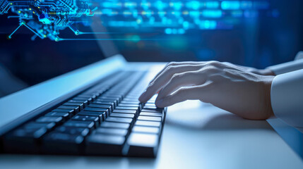 Poster - Robot hand typing on laptop keyboard on dark blue background