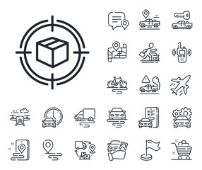 Poster - Delivery monitoring sign. Plane, supply chain and place location outline icons. Parcel tracking line icon. Shipping box in target symbol. Parcel tracking line sign. Vector