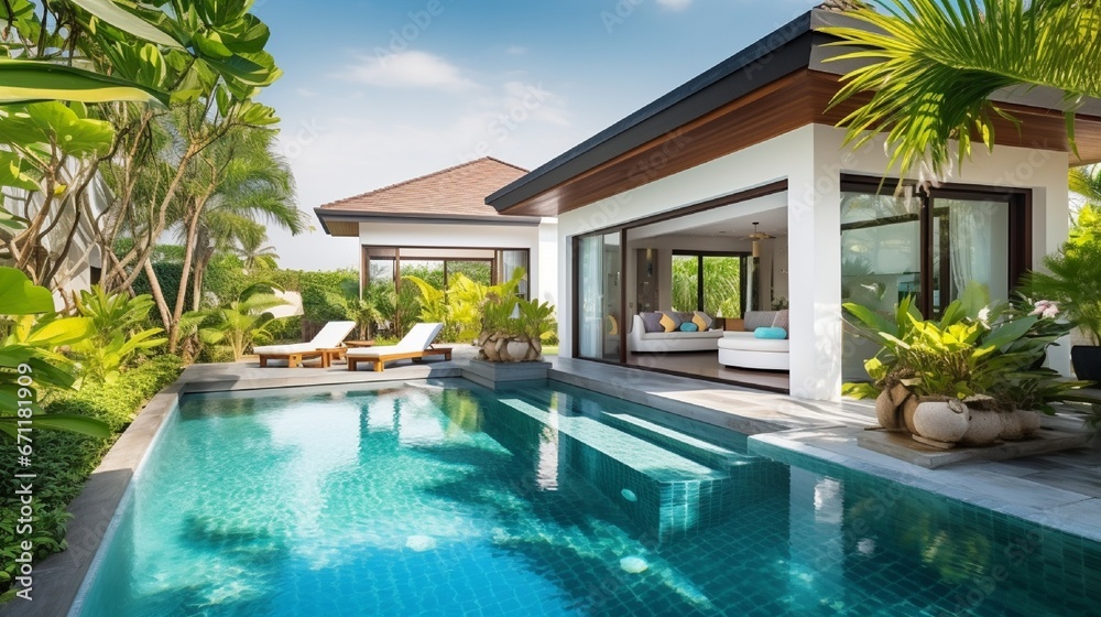 home or house construction The exterior and interior design depicts a tropical pool villa with a green garden, a sun bed, and a blue sky.