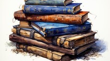 A Stack Of Books Sitting On Top Of Each Other On Top Of A Pile Of Wooden Planks In Front Of A White Background With Watercolor Stains On It.  Generative Ai