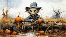  A Painting Of A Scarecrow With Pumpkins In The Foreground And A Pond Of Water In The Foreground, With Trees And Grass In The Foreground.  Generative Ai