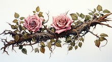  A Painting Of Two Pink Roses Sitting On Top Of A Tree Branch With Green Leaves On The Branch And One Pink Rose With Green Leaves On Top Of The Branch.  Generative Ai