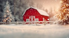  A Red Barn In A Snowy Field With A Christmas Tree In The Foreground And A Red Barn In The Background With Snow Falling On The Ground And Trees In The Foreground.  Generative Ai
