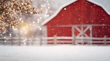  A Red Barn On A Snowy Day With A Tree In The Foreground And A White Fence In The Foreground With Snow Falling On The Ground And A Tree In The Foreground.  Generative Ai