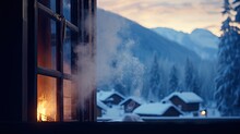  A Window With Steam Coming Out Of It In Front Of A Snow Covered Mountain With A House In The Distance And A Lit Window Silook In The Foreground.  Generative Ai