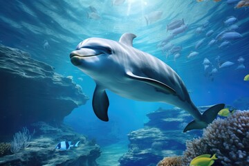 Dolphin swim in the blue sea in a picturesque place