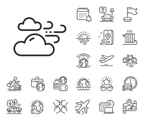 Wall Mural - Clouds with wind sign. Plane jet, travel map and baggage claim outline icons. Windy weather line icon. Sky symbol. Windy weather line sign. Car rental, taxi transport icon. Place location. Vector