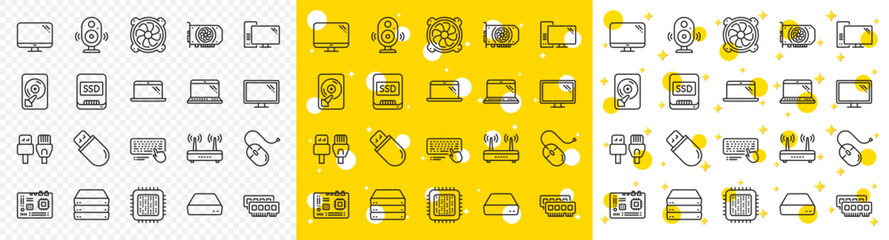 Poster - Motherboard, CPU, Internet cables icons. Computer components, Laptop, SSD line icons. Wifi router, computer monitor, Graphic card. Keyboard, SSD device. Internet cables, laptop components. Vector