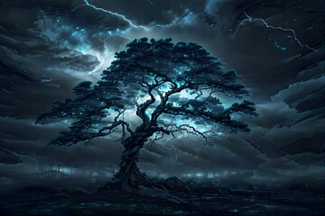 Wall Mural - A tree with lightning in the sky, abstraction