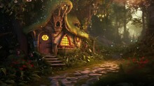 Cozy Storybook Cottage With Mossy Roof And Butterflies In Sparkling Sunlight In A Magic Autumn Fairy Forest. Lofi Loop. Animated Dynamic Background / Wallpaper. Vtuber Backdrop. Seamless Looping.