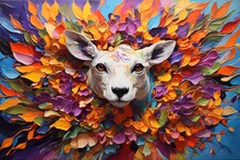 A Painting Of A Sheep With Colorful Leaves, Abstraction