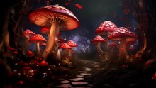 Magic Fairytale Mushroom Forest. Fantasy Toadstools In Magical Woods. Slow Motion Cinematic Footage. Storybook Concept Imagery. Animated Background / Live Wallpaper. Four Clips.