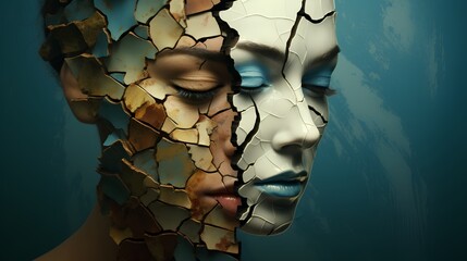 Split personality with two faces. Bipolar disorder as woman with rapid emotions, mood and feelings change. Psychological problems, like schizophrenia, depression and anxiety.