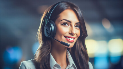 Beautiful brunette caucasian woman with headset on her head