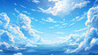 A summery, heavenly scene of azure skies, lustrous sun, and billowing cottony clouds is rendered in an anime style.