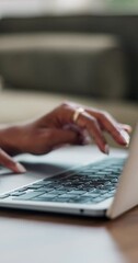 Wall Mural - Closeup, business and hands with woman, typing and laptop with internet, planning and keyboard. Person, employee and consultant with a pc, analytics and blog with website information and research