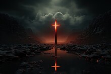 The Reflection Of The Cross In The Water And The Landscape At Night