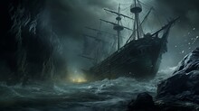 A Chilling Dark Fantasy Book Cover With A Looming, Spectral Shipwreck On A Desolate, Rocky Shore, Battered By Tumultuous Waves And Haunted By Ghostly Apparitions, Captured With An HD Camera.